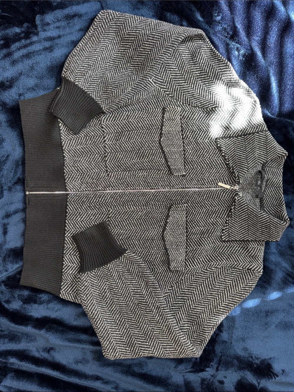 Woman’s Black and White Herringbone Zip Sweater Jacket